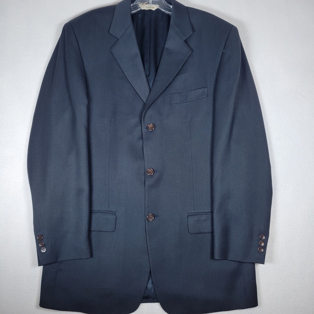 Pronto Uomo 100% Worsted Wool Blazer 40 Tall Blue Black 2 Button Made‎ in Canada